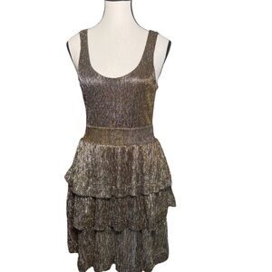 H&M Gold Black Lurex Rara Disco Mini Dress SZ S Tiered Metallic Sleeveless Party